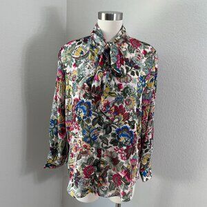 NEW Catherine Malandrino Womens PXL Floral Blouse Long Sleeve Tie Neck Shirt Top